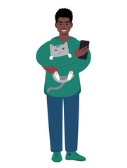Modern young african man with cat and smartphone