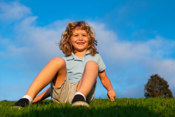 Fototapeta premium Little boy child with a cute expression face sitting on grass. Cheerful kid having fun on green summer meadow. Children playing on nature.