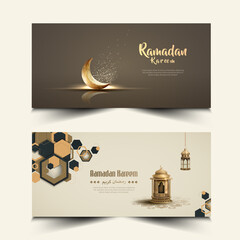 set of islamic greetings ramadan kareem banner design with lantern and crescent moon