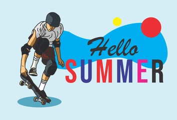 Vector illustration of waves with Hello Summer text. Happy summer Day. Summer vector Lettering text. Fashionable styling. Eps files