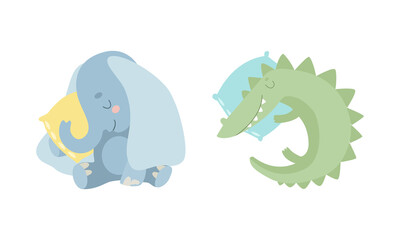 Cute Baby Animals Sleeping in Beds Set, Adorable Elephant and Crocodile Fell Asleep on Pillows Cartoon Vector Illustration