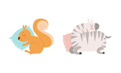 Cute Baby Animals Sleeping in Beds Set, Adorable Squirrel and Zebra Fell Asleep on Pillows Cartoon Vector Illustration