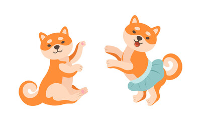 Fototapeta premium Adorable Shiba Inu Dog in Various Poses Set, Akita Inu Puppy Activities Cartoon Vector Illustration