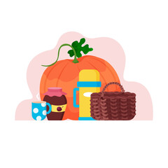 Autumn composition with pumpkin, basket, cup of tea, thermos and jam. Illustration, banner or card.