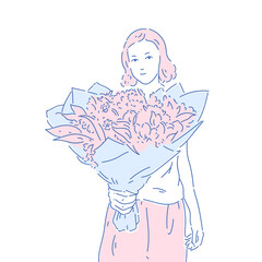 The girl is holding a bouquet of flowers. A young girl smiles at the viewer. A poster for congratulations.