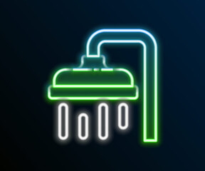 Obraz premium Glowing neon line Shower head with water drops flowing icon isolated on black background. Colorful outline concept. Vector
