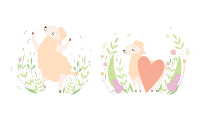Cute Sheep Having Fun on Green Lawn Set, Adorable Little Fluffy Lamb Farm Animal in Pastel Colors Cartoon Vector Illustration