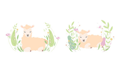 Cute Sheep Lying in Flowers Set, Lovely Little Fluffy Lamb Farm Animal in Pastel Colors Cartoon Vector Illustration