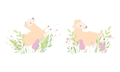 Cute Sheep Playing and Sleeping in Flowers Set, Adorable Little Fluffy Lamb Farm Animal in Pastel Colors Cartoon Vector Illustration