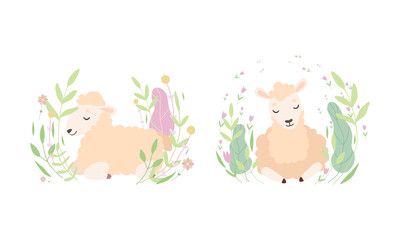 Adorable Little Fluffy Lamb Resting on Nature Set, Cute Baby Sheep Farm Animal in Pastel Colors Cartoon Vector Illustration