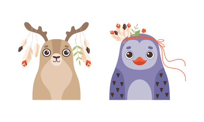 Set of Lovely Animal with Wreath of Flowers on Head, Spring Portraits of Deer and Penguin Lovely Baby Animals Cartoon Vector Illustration