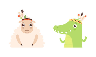 Set of Lovely Animal in Wreath of Flowers, Spring Portraits of Sheep and Crocodile Cute Baby Animals Cartoon Vector Illustration