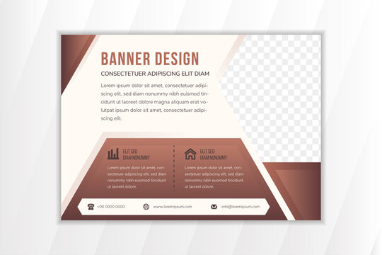 Abstract modern flyer design template use horizontal layout. flat soft brown background combined with multicolored brown elements colors. Half hexagon shape for space of photo collage.