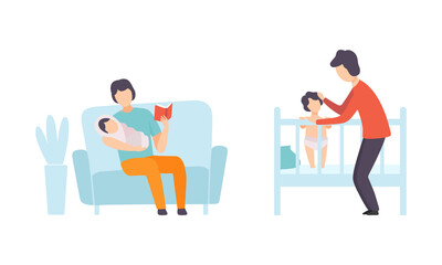 Fathers Taking Caring of their Kids Set, Young Dad Putting Baby to Bed and Reading Book, Happy Fatherhood Concept Flat Vector Illustration