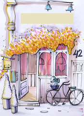 a quick sketch with markers and pens exterior street cafe with autumn decor near the facade plaques and a bike with a dog