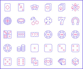 Set of Casino and Gambling Icon line style. Contains such Icons as cherry, cards, chips, dice, slot machine, seven, coin, heart, money, horseshoe And Other Elements. customize color, easy resize.