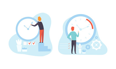 Business People Planning Working Process with Wall Clock Set, Time Management and Deadline Concept Flat Vector Illustration