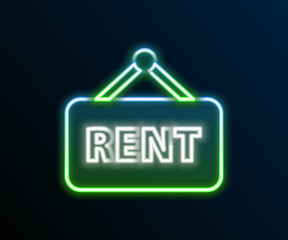 Glowing neon line Hanging sign with text Rent icon isolated on black background. Signboard with text For Rent. Colorful outline concept. Vector