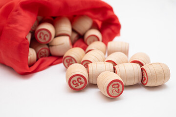 bag with barrels and cards for the bingo game