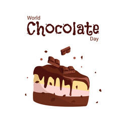 A banner for the celebration of the World Chocolate Day. Vector cartoon illustration of a piece of cake and slices of porous chocolate
