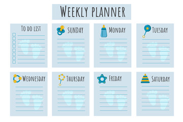 Cute weekly planner for mom. Planner for the mother of the newborn. Days of the week for young mom's notes. Organizer for mom with days of the week and place for notes. Timetable for the boy's mom.