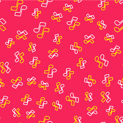 Line Music note, tone icon isolated seamless pattern on red background. Vector