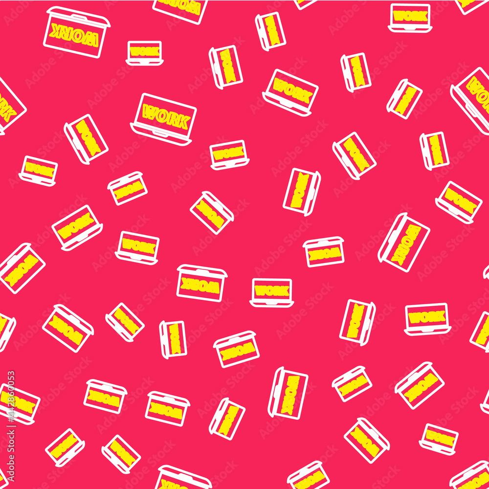 Poster line laptop with text work icon isolated seamless pattern on red background. vector
