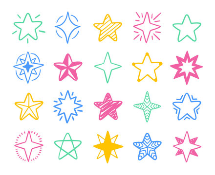 Vector set of stars shapes. Colorful hand-drawn stars. Hand-drawn, multicolored doodle elements isolated on white background.