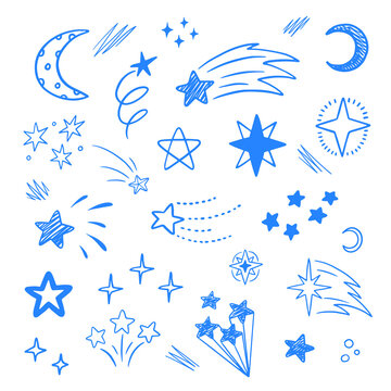 Vector set of different doodle stars. Sketch star shapes, blue starburst doodle signs. Hand-drawn, doodle elements on the paper background.