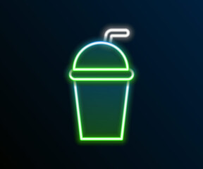 Glowing neon line Paper glass with drinking straw and water icon isolated on black background. Soda drink glass. Fresh cold beverage symbol. Colorful outline concept. Vector