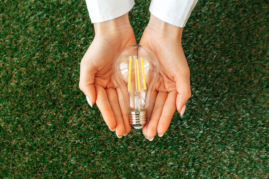 Woman Holding Lamp In Hands Above The Grass