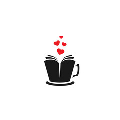 open book as a hot cup of coffee with hearts. Reading club, book club, hobby logo