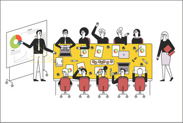 Fototapeta premium People are sitting at a large table in the company, having a meeting, and one person is giving a presentation. vector design illustrations.