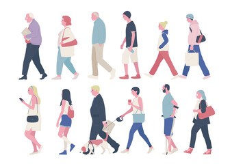Fototapeta premium Side view of various people on the street. vector design illustrations.
