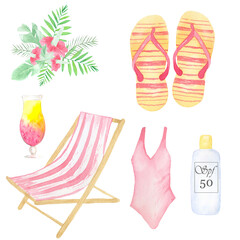 Watercolor beach set. Perfect for printing, web, textile design, souvenir products, planner.