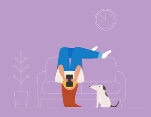 A woman is lying upside down on the sofa, looking at her phone, and her dog is looking at her. vector design illustrations.