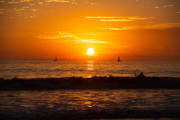 Sunset at the sea. Sunrise on beach. Colorful ocean, nature landscape background with copy space.