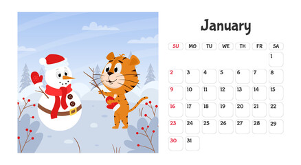 Horizontal desktop calendar page template for January 2022 with the Chinese year symbol cartoon tiger. The week starts on Sunday. Tiger makes a snowman