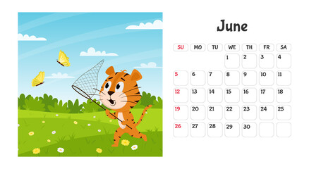 Horizontal desktop calendar page template for June 2022 with a cartoon tiger symbol of the Chinese year. The week starts on Sunday. Tiger catches butterflies with a net.