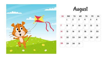 Horizontal desktop calendar page template for August 2022 with a cartoon tiger symbol of the Chinese year. The week starts on Sunday. Tiger launches a kite