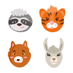 Faces of cute animals, sloth, dog, tiger, llama. Vector illustration isolated. For children's cards, invitations.