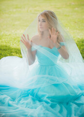 Elegant European bride in turquoise dress, fancy bridal collection, dress for wedding