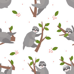 Seamless pattern with cute sloths on trees in different poses. Vector illustration. For children's decor, printing on paper, fabric.