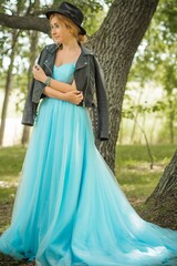 Elegant European bride in turquoise dress, fancy bridal collection, dress for wedding