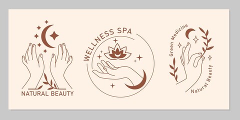 Mystic boho set of elegant female hands with moon, star, plant, flower in line art. Vector magic symbol isolated on beige background. Trendy minimalist signs for design of cosmetics, jewelry, beauty © Nataliia