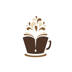 open book as a hot cup of coffee with drops flying out. Reading club, book club, hobby logo