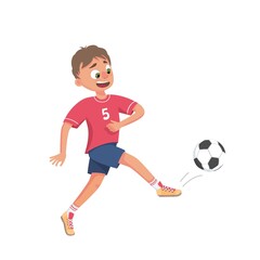 A child is playing football. Vector illustration of an isolated character-a football player boy kicking a soccer ball. Illustration for the children's sports section