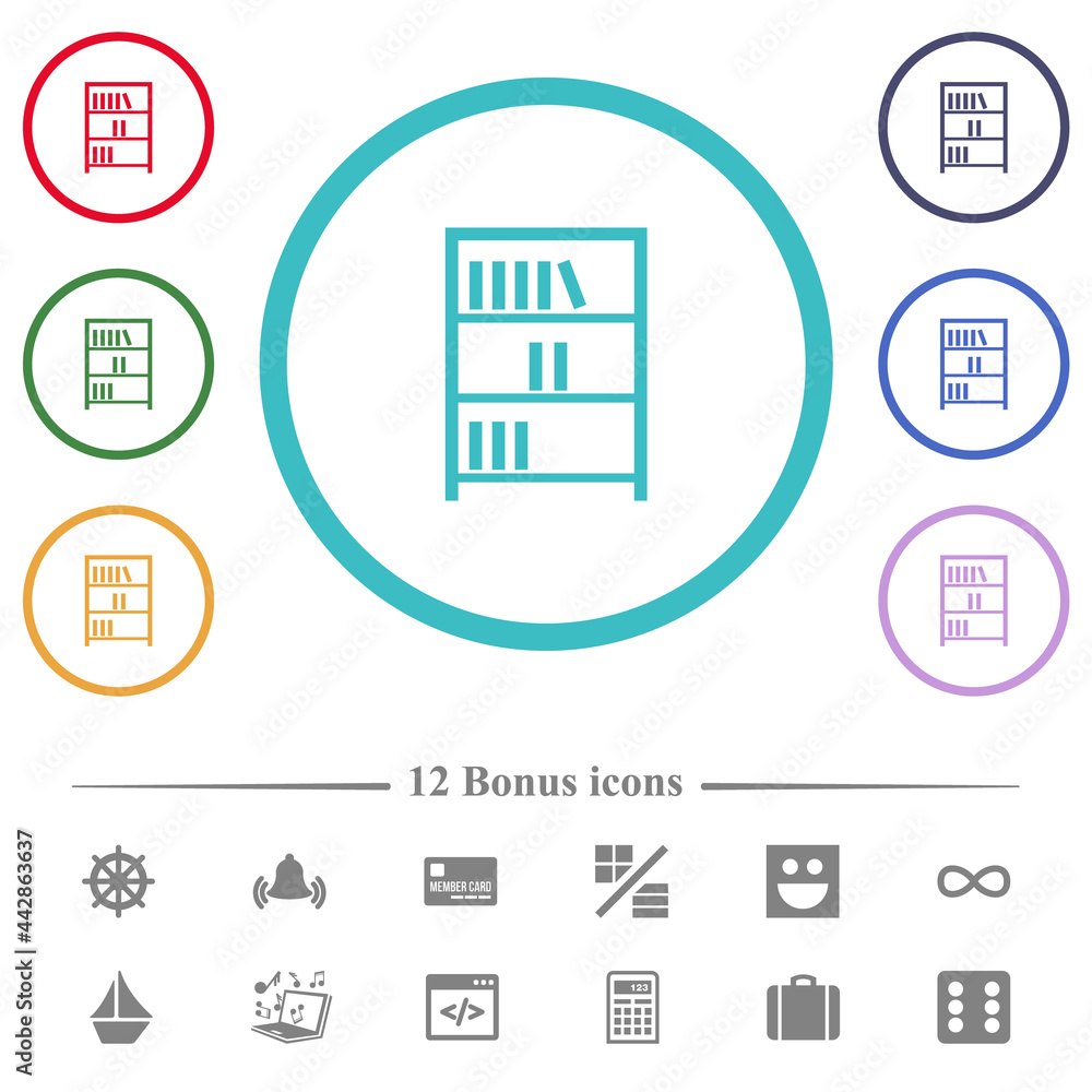 Poster bookshelf with books outline flat color icons in circle shape outlines