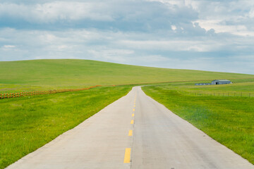 A highway road on Hulunbuir Grasslands, China, summer time.