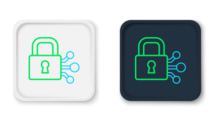 Line Lock with bitcoin icon isolated on white background. Cryptocurrency mining, blockchain technology, security, protect, digital money. Colorful outline concept. Vector
